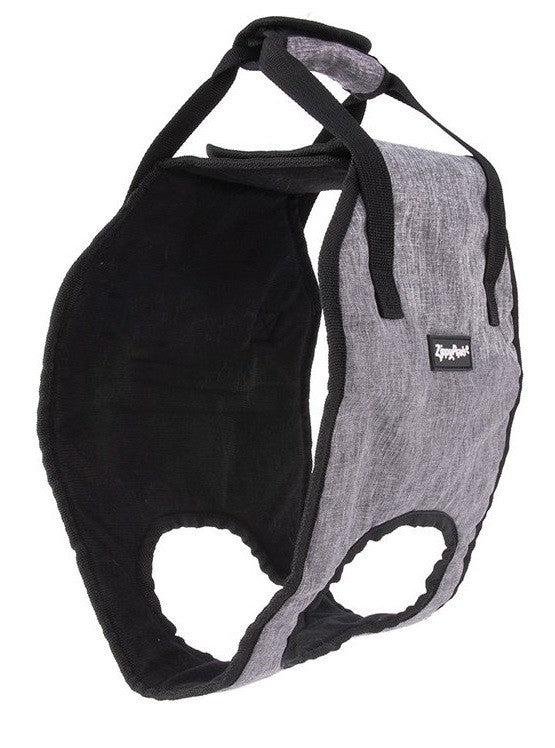 Zippy Paws brand dog harness, black and grey, adjustable design.
