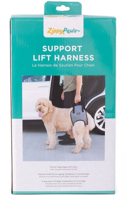 Zippy Paws dog support lift harness packaging with fluffy tan dog.