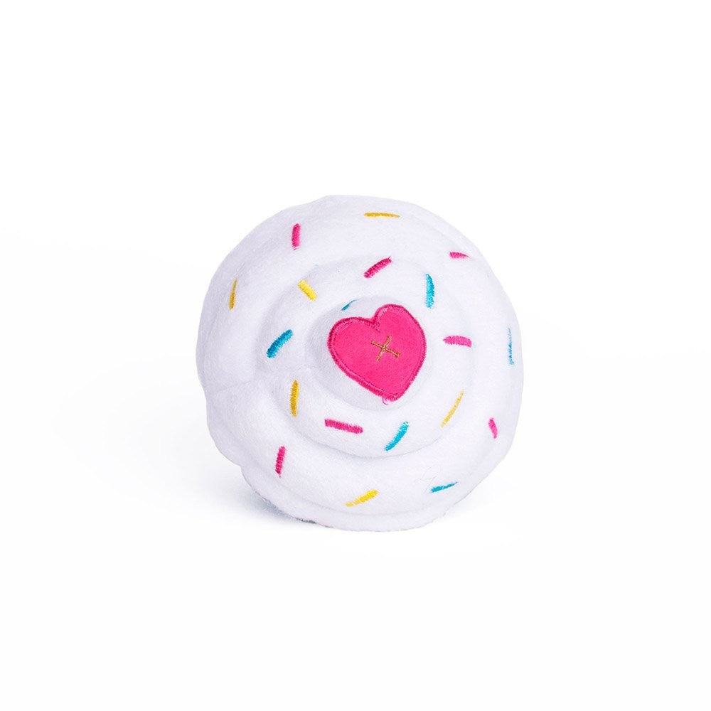 Zippy Paws plush donut style dog toy with sprinkles and heart.