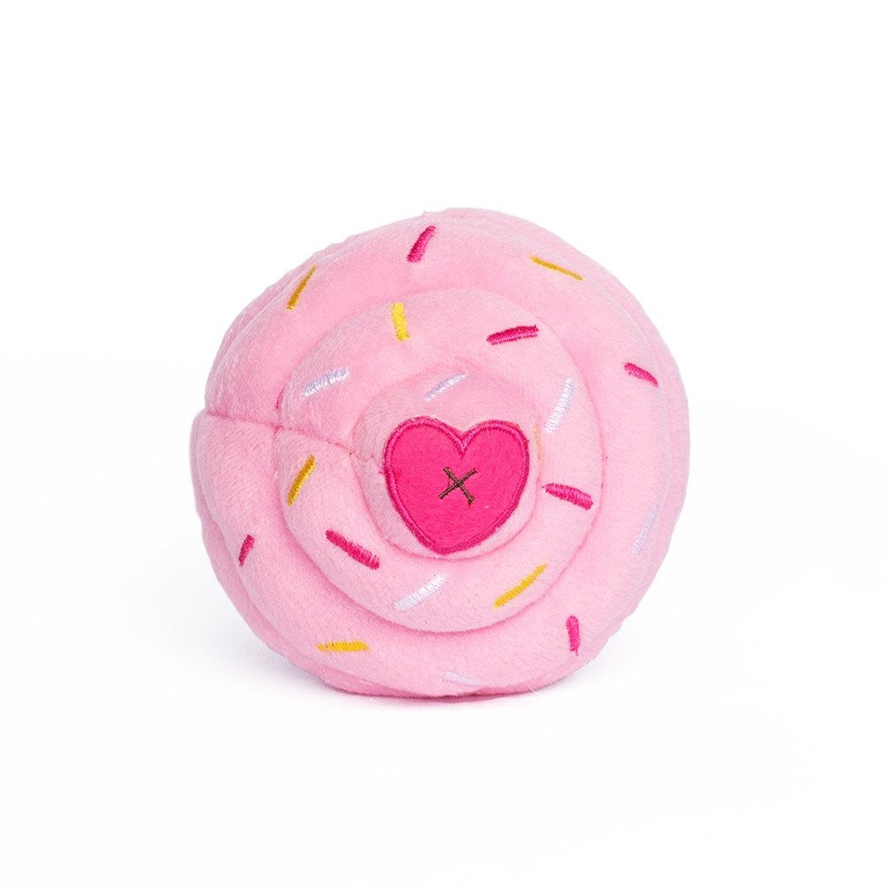 Zippy Paws pink donut plush dog toy with heart sprinkle design.