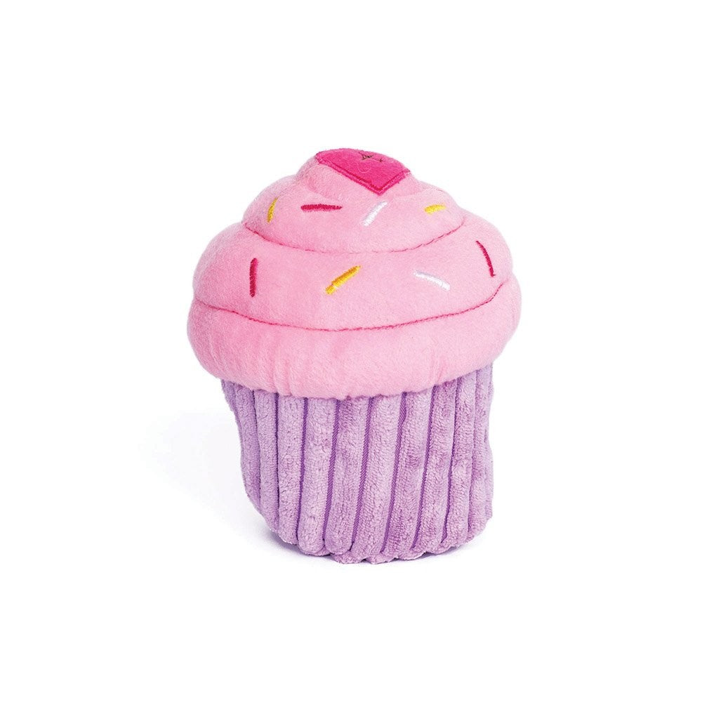 Zippy Paws plush cupcake dog toy with pink frosting and sprinkles.