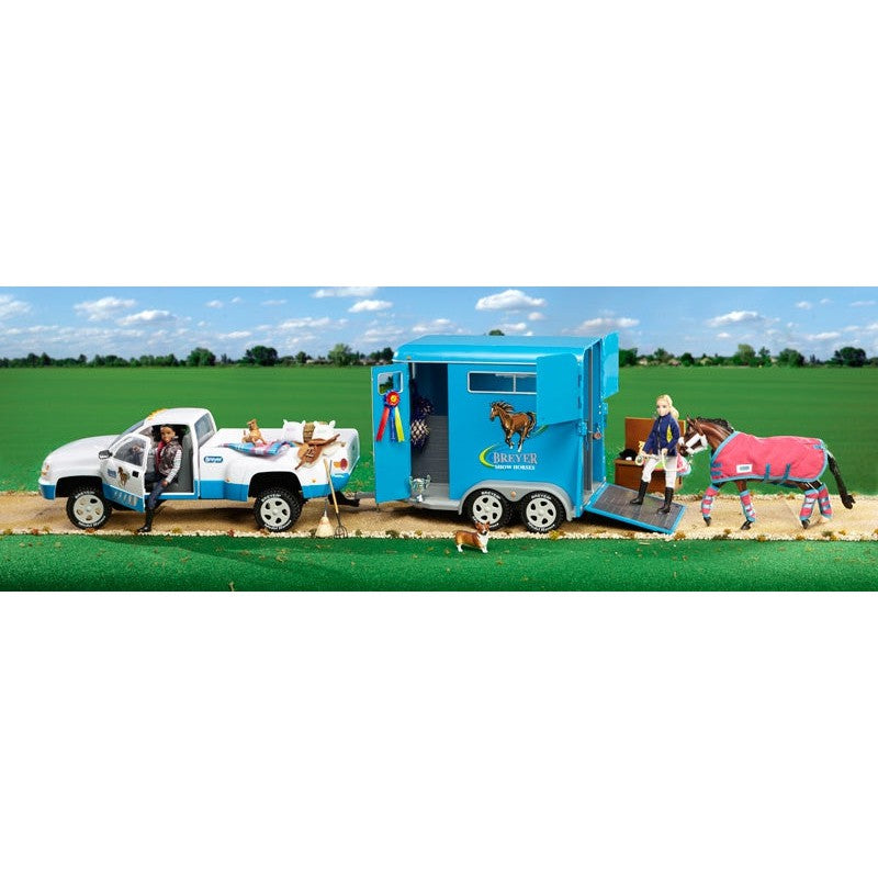 Breyer Horse Toys pickup truck, trailer, horses, and figurines.