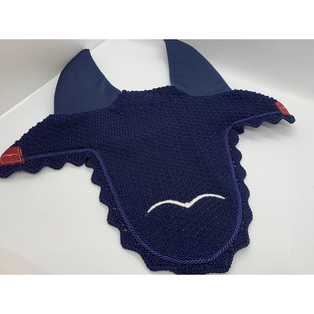 Navy blue fly veil for horses with scalloped edges.