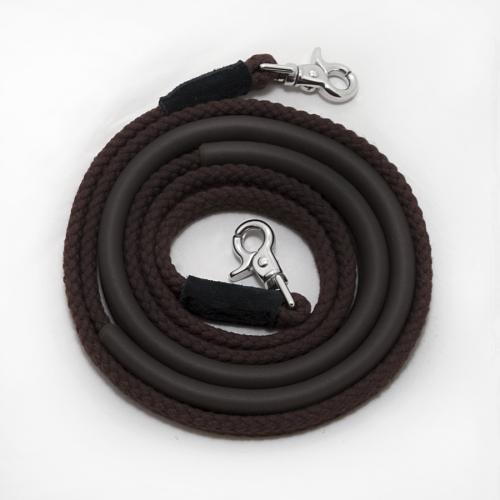 Thinline brown coiled rope with metal clasp on white background.