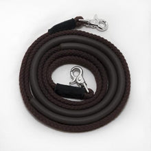 Thinline brown coiled rope with metal clasp on white background.