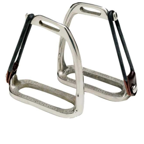 Pair of shiny stainless steel stirrup leathers on white background.