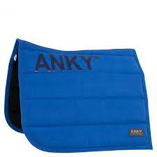 "ANKY brand blue horse saddle pad with black piping."