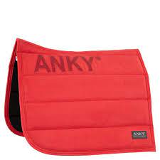 Red ANKY saddle pad for horses, quilted design, brand logo.