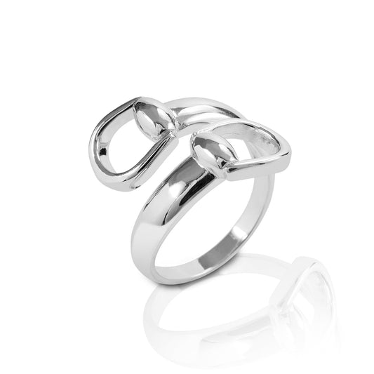 Kelly Herd sterling silver snaffle bit ring on white background.