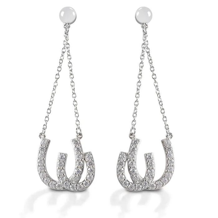 Alt text: Kelly Herd silver horseshoe earrings with pearls and pavé set.