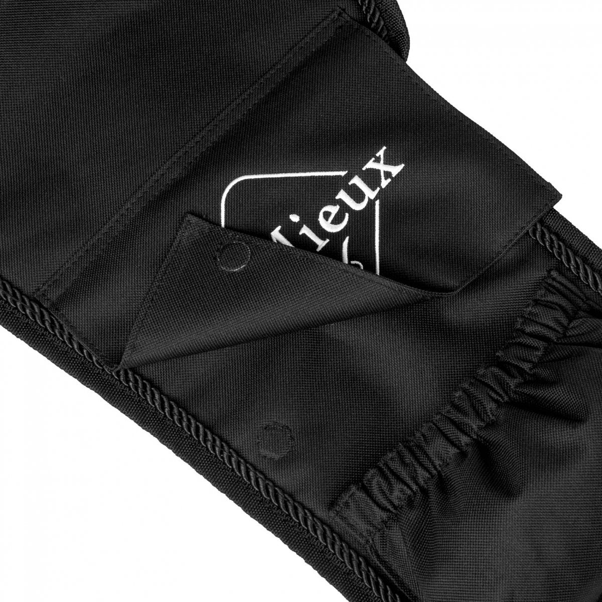 Black stirrup leathers with brand logo on protective fabric cover.