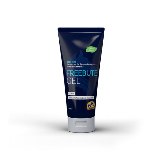 Blue Cavalor Equicare Freebute gel tube for muscles and tendons.