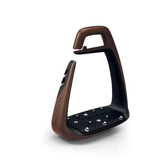 Brown and black stirrup leathers with a modern ergonomic design.