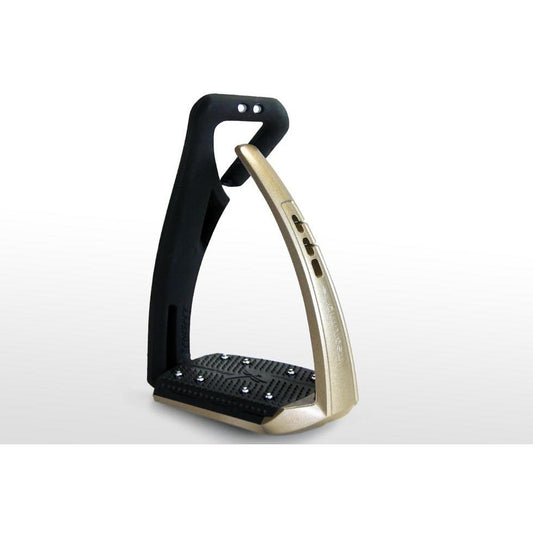 Black and gold safety stirrup leathers on a white background.