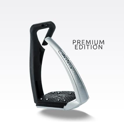 Black and silver premium edition stirrup leathers on white background.