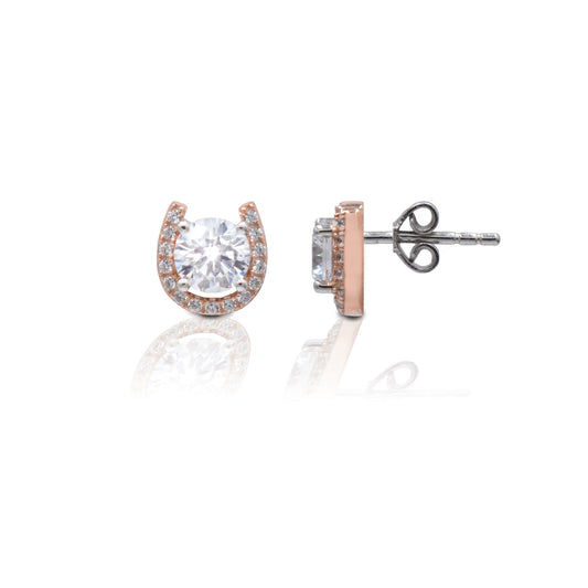Kelly Herd rose gold horseshoe earrings with sparkling stones.