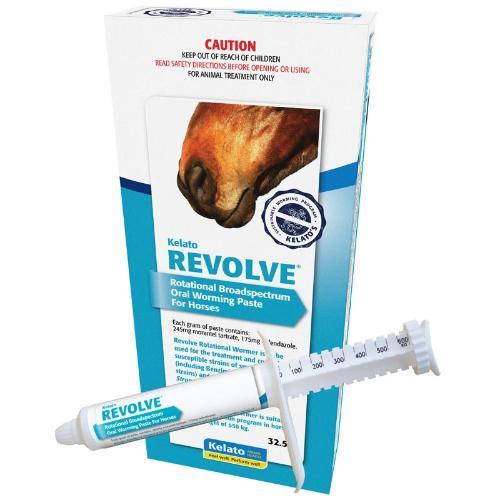 Box of Revolve horse wormer with syringe on white background.