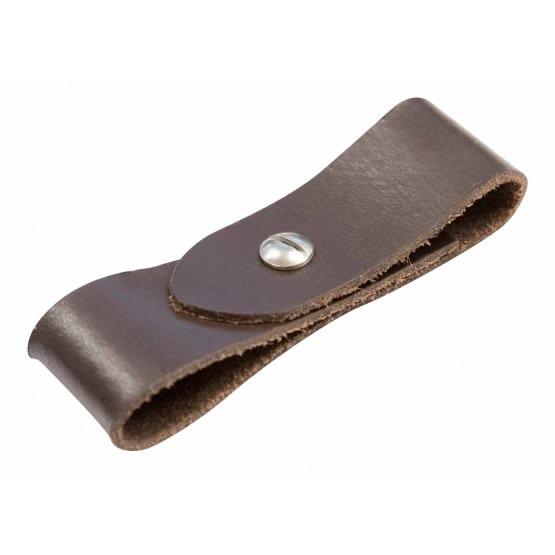 Brown leather breakaway halter replacement strap with silver snap button.
