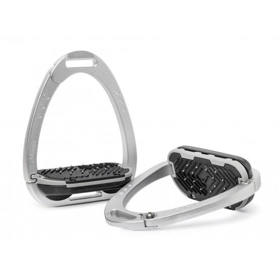 Pair of modern silver stirrup leathers with black rubber tread.