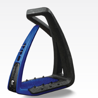 Black and blue safety stirrup leathers, isolated on white background.