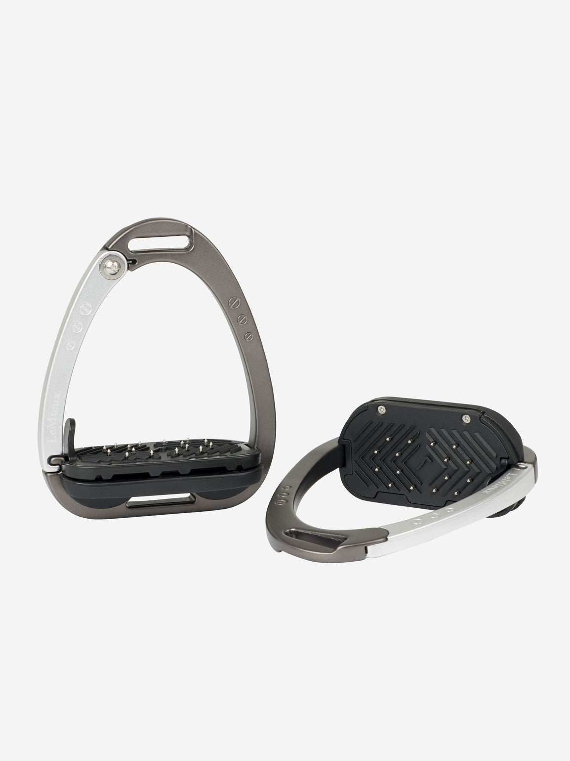 Pair of modern stirrup leathers on a white background.