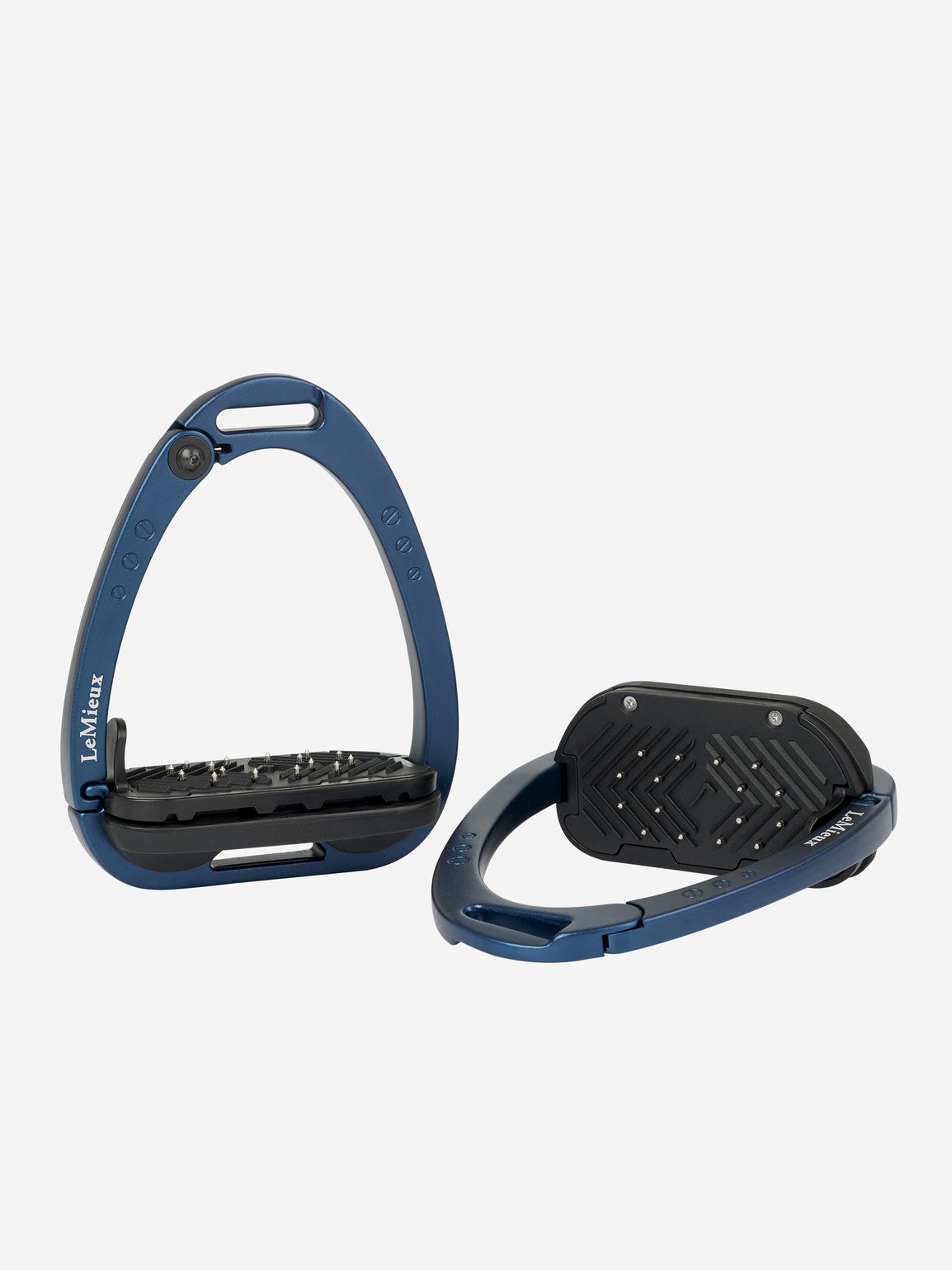 Blue and black stirrup leathers on a white background.