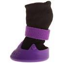 Children's black and purple orthopedic ankle brace with adjustable straps, isolated on a white background.
