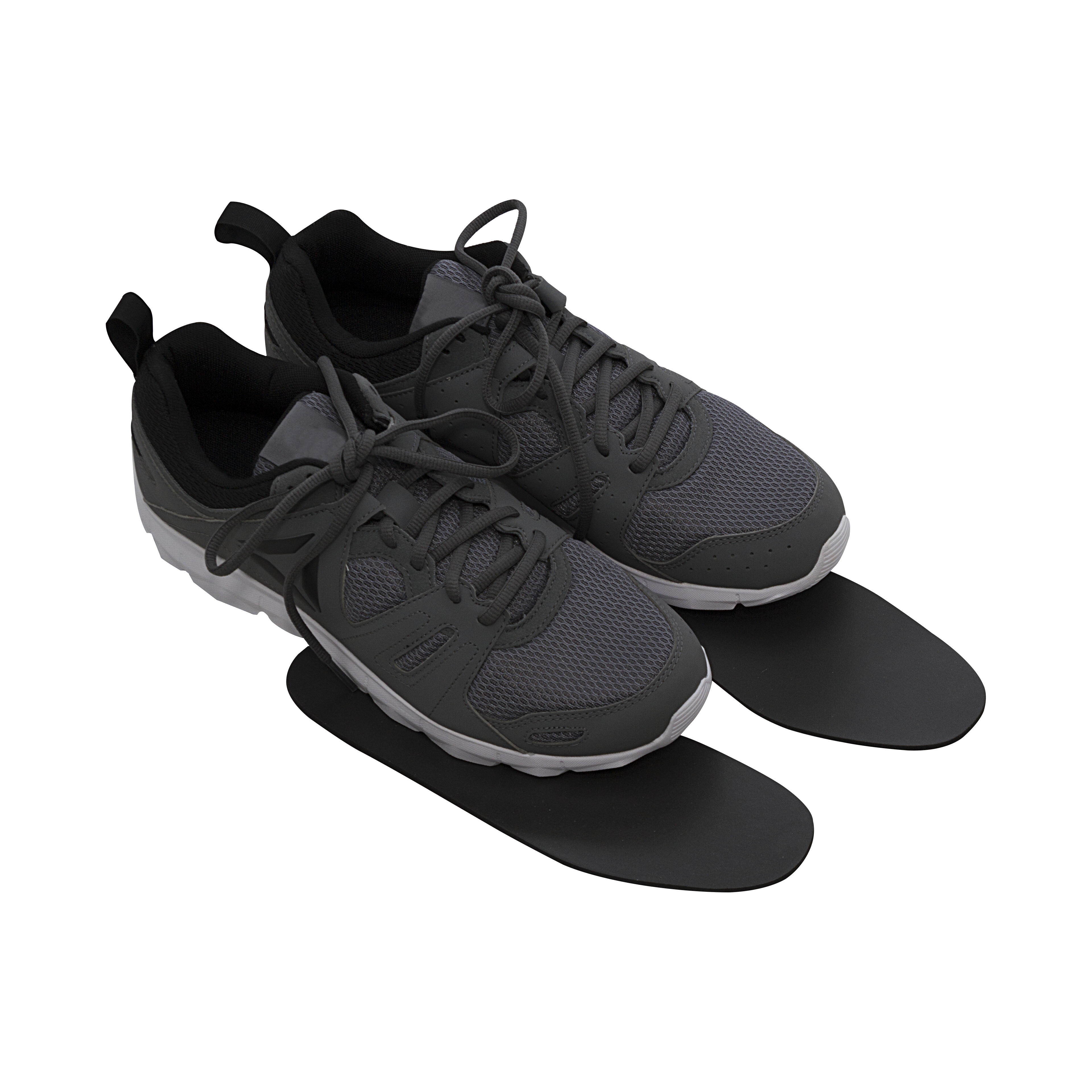 Thinline gray athletic shoes with black insoles on display.