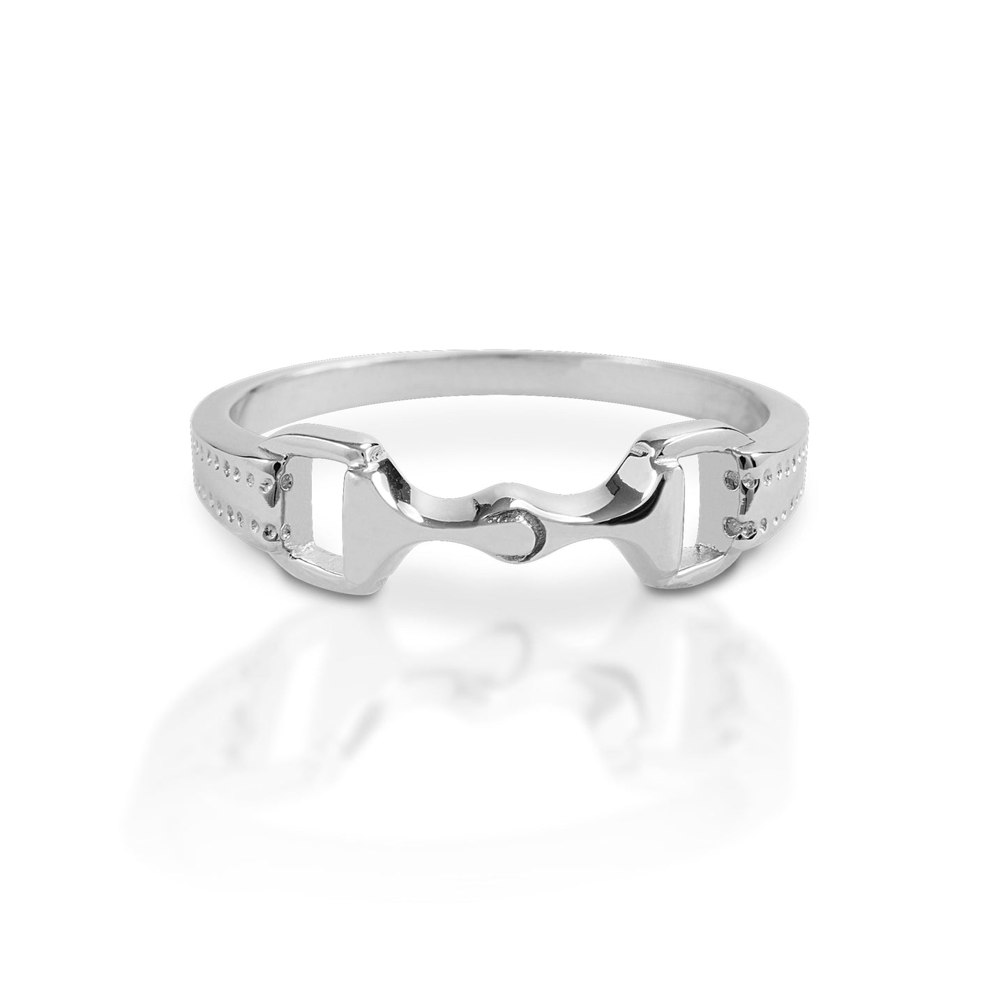 Silver Kelly Herd horseshoe ring with cubic zirconia accents on white.