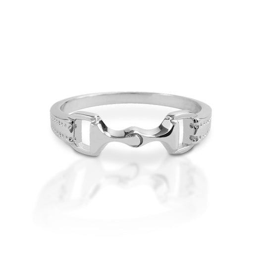 Silver Kelly Herd horseshoe ring with cubic zirconia accents on white.