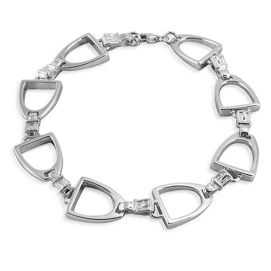 Kelly Herd silver equestrian stirrup link bracelet with crystals.