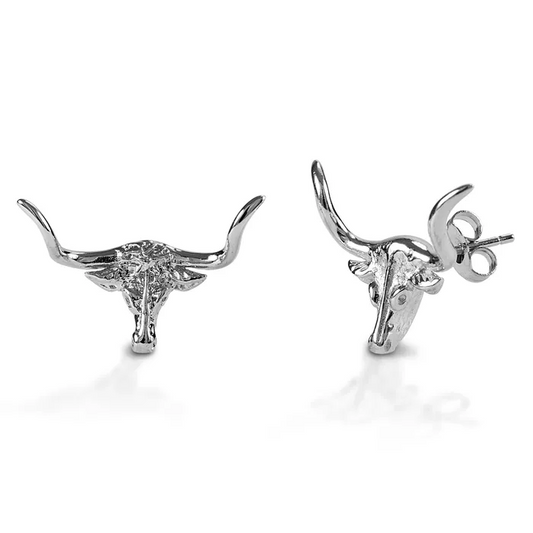 Silver bull longhorn earrings by Kelly Herd Jewelry.