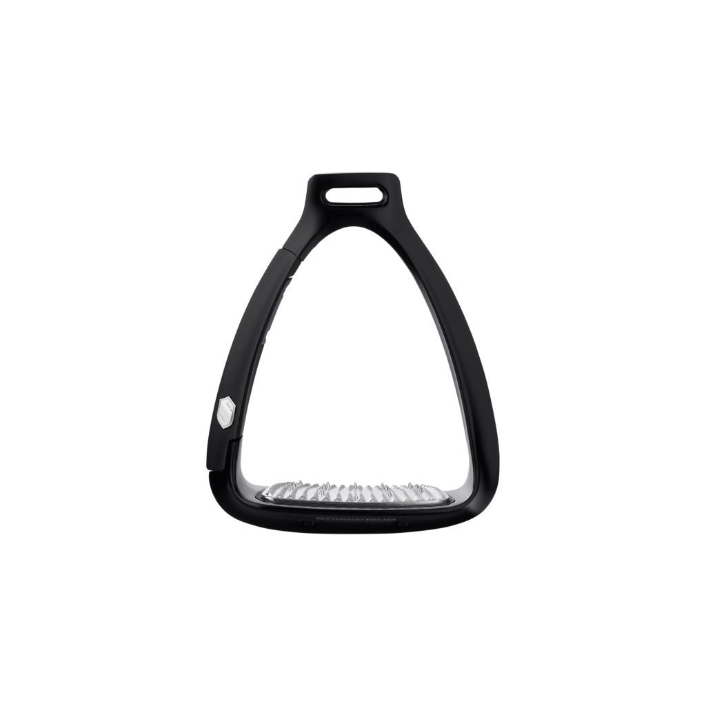 Black modern stirrup leathers with silver tread on white background.