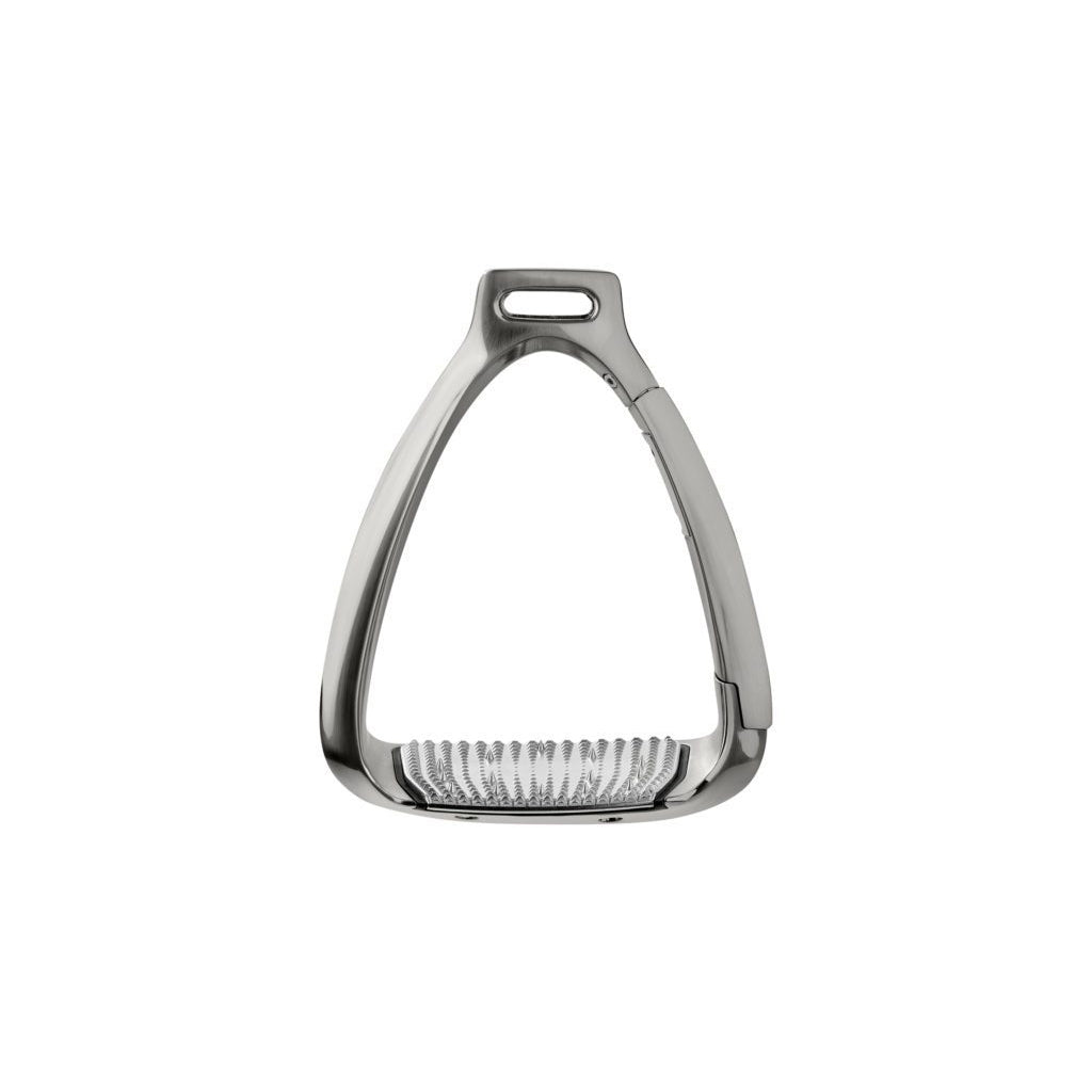 Stainless steel stirrup leathers with rubber grip isolated on white background.