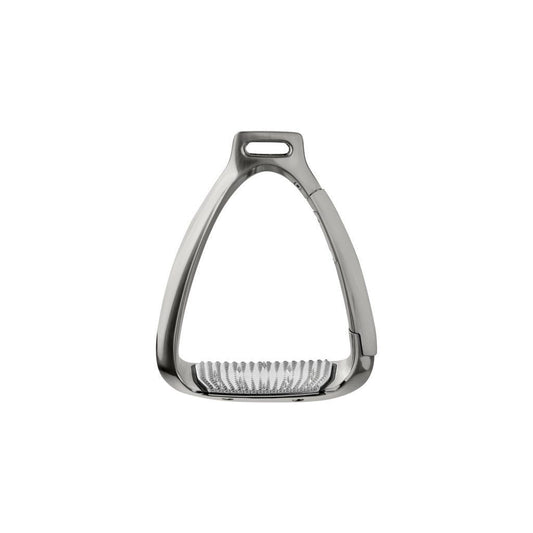 Stainless steel stirrup leathers with rubber grip isolated on white background.