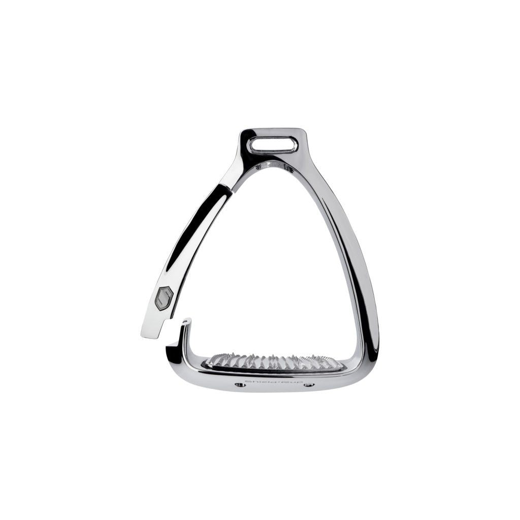 Stainless steel stirrup leathers with black rubber tread, isolated on white.