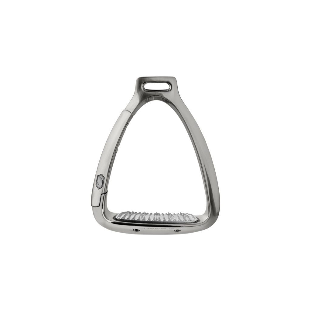 Stainless steel stirrup leathers with textured grip isolated on white.