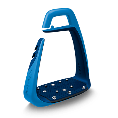 Blue modern safety stirrup leathers for equestrian sports use.
