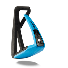 Black and blue stirrup leathers with modern ergonomic design.