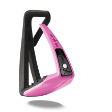 Black and pink stirrup leathers for horse riding, isolated on white.