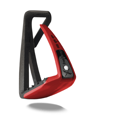 Black and red stirrup leathers on a white background.