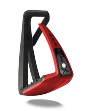 Black and red stirrup leathers on a white background.