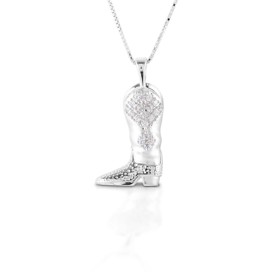 Kelly Herd silver boot pendant with sparkling stones and chain.