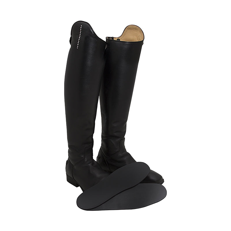 Thinline Global brand black leather tall riding boots on white background.
