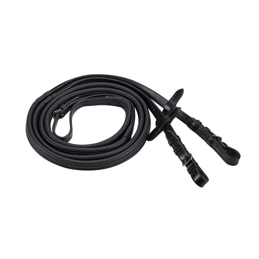 Thinline black leather reins coiled neatly on white background.