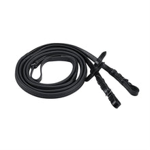 Thinline black leather reins coiled neatly on white background.