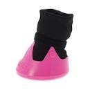 A small pink and black dog boot with adjustable straps on a white background.