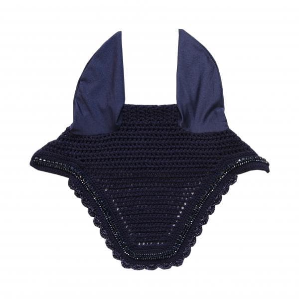 Navy blue crocheted fly veil for horses with ear covers.