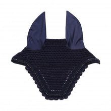 Navy blue crocheted fly veil for horses with ear covers.