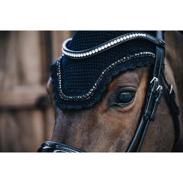 Close-up of horse wearing a decorative fly veil.